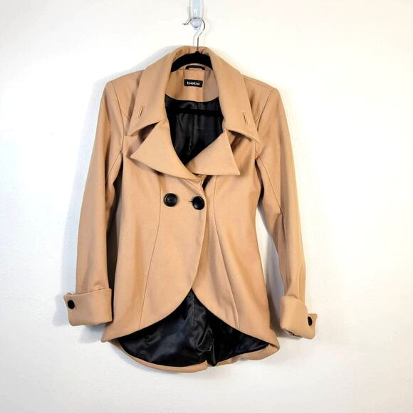 BEBE Blazer Women's XS Camel Wool Blend Tulip Hem Fitted Jacket Button Detail - Picture 4 of 13